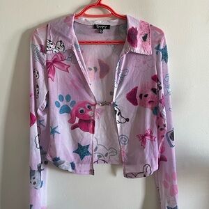 Playful Pink Cartoon Print Sheer Top